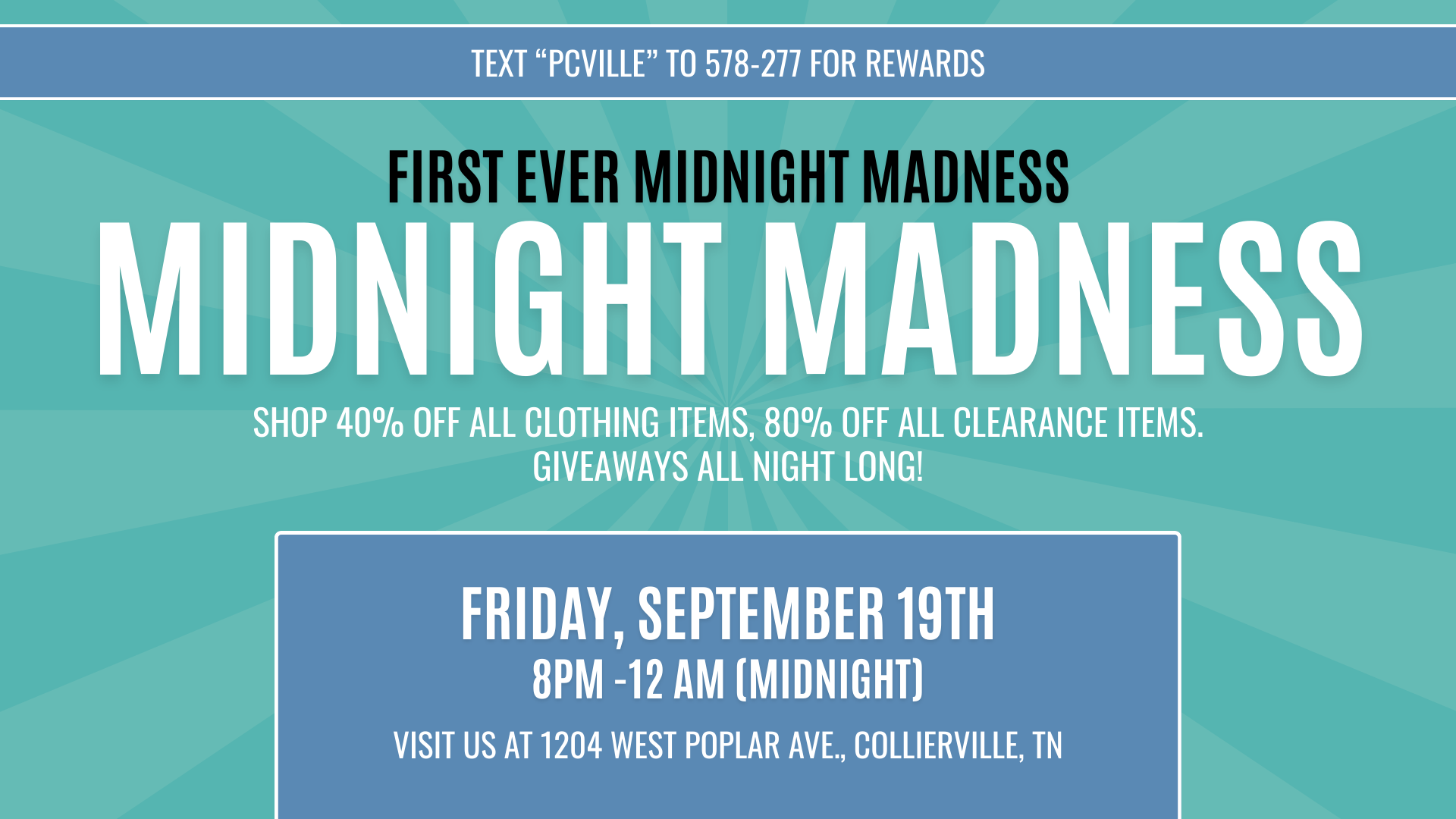 Shoppers at Plato's Closet Collierville Midnight Madness event with racks of clothing, tote bags for giveaway, and signage promoting 40% off clothing and 80% off clearance.